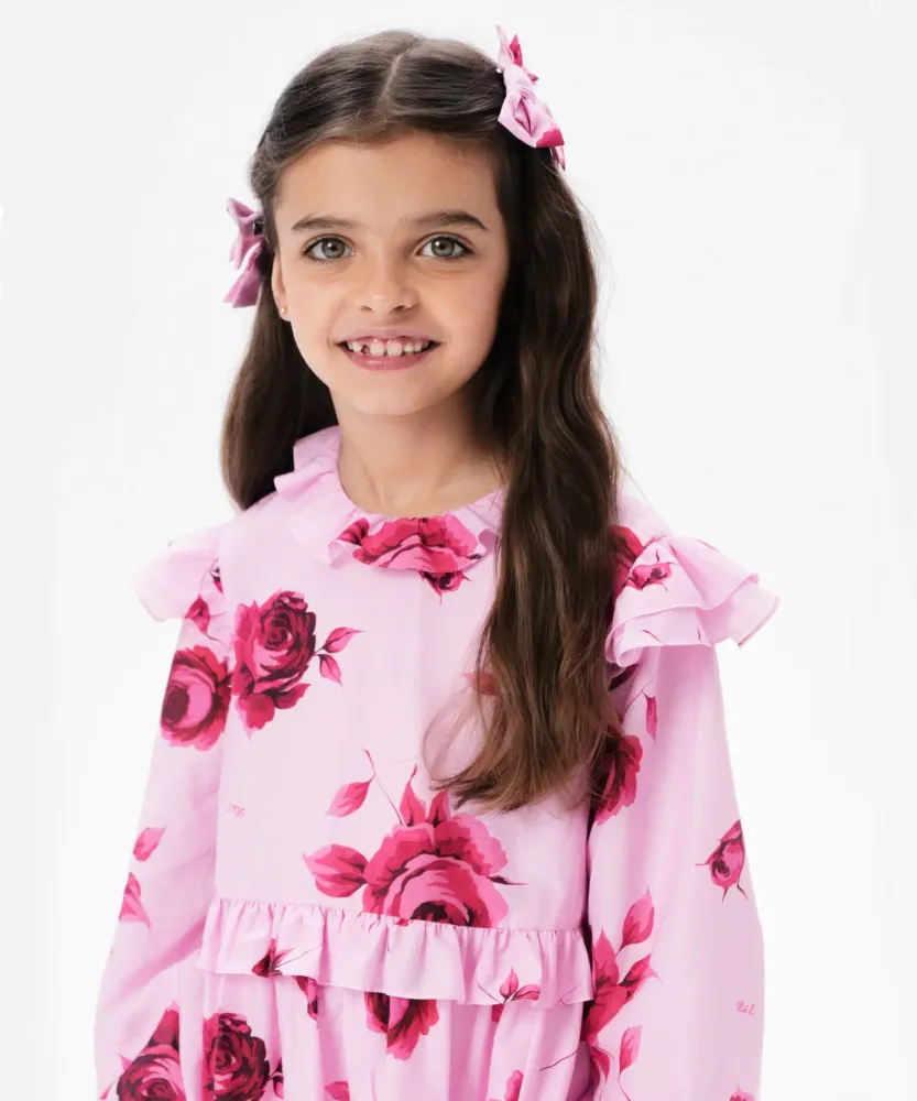 Mimi, заколки - бантики детские из розового батиста с крупными малиновыми цветами