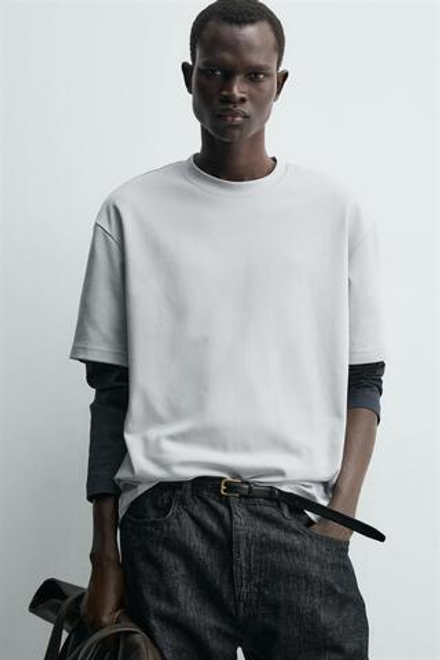 ZARA ФУТБОЛКА RELAXED FIT INTERLOCK, СВЕТЛО-СЕРЫЙ