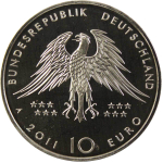 10 евро. 150 лет открытию Археоптерикса (А). Германия. Медноникель. 2011 год