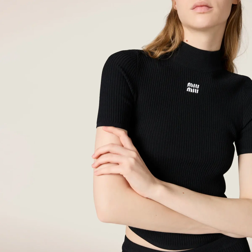 Футболка Miu Miu из вискозы с логотипом интарсией