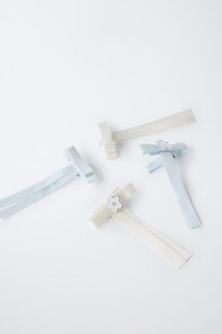 ZARA НАБОР ИЗ 4 ЗАКОЛОК ДЛЯ ВОЛОС С БАНТОМ и ЦВЕТОЧНОЙ ДЕТАЛЬЮ, ЭКРЮ/СИНИЙ