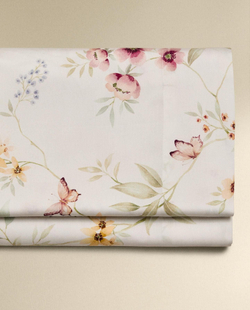 Zara Home - Атласная простыня с цветочным принтом, белый, 240x280 см