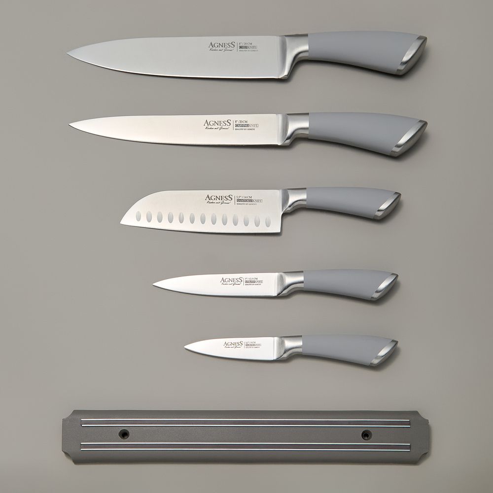 НАБОР НОЖЕЙ AGNESS "МОНБЛАН" 6 ПР.С МАГНИТНЫМ ДЕРЖАТЕЛЕМ И РУЧКОЙ ИЗ НЕРЖ.СТАЛИ