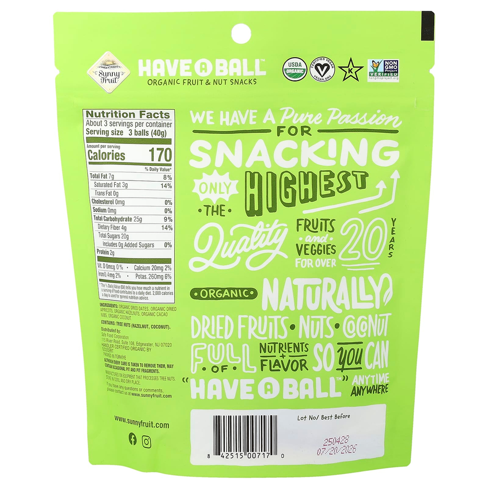 Sunny Fruit, have A Ball™, органические снеки с фруктами и орехами, абрикос, ядра какао-бобов и фундук, 126 г (4,4 унции)