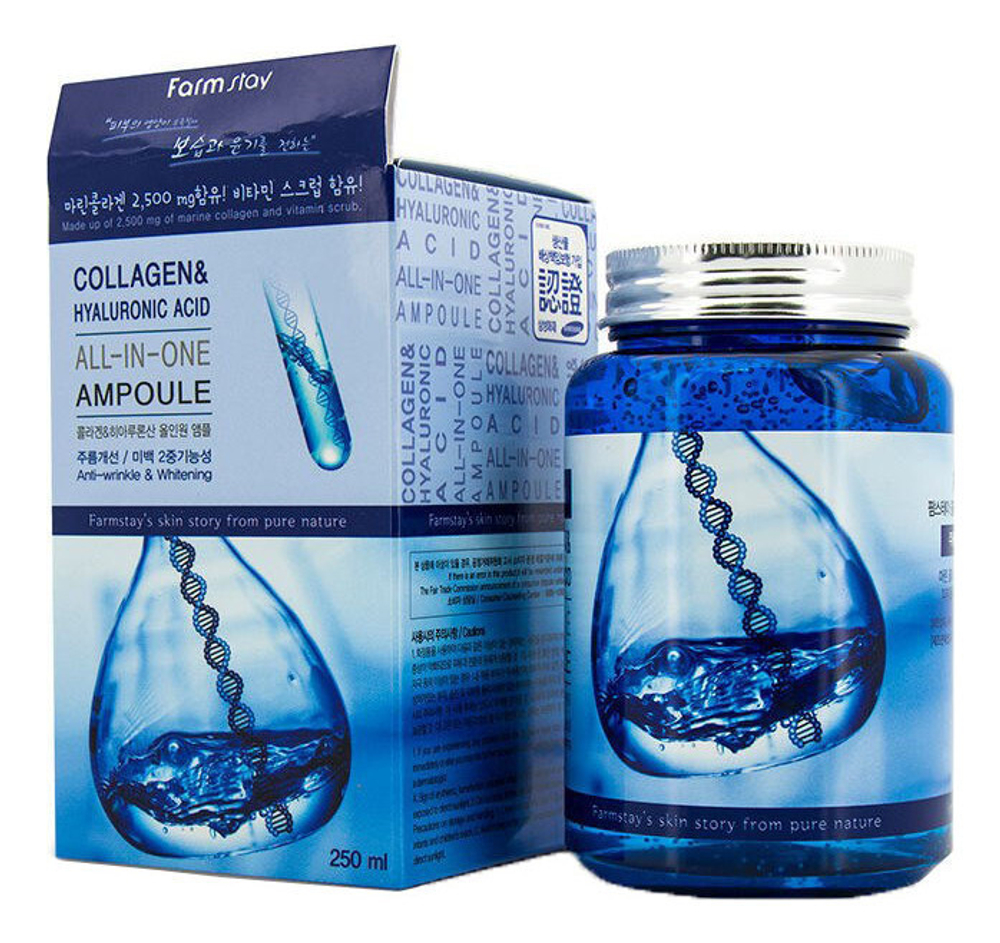 Ампульная сыворотка с гиалуроновой кислотой и коллагеном FarmStay All In One Collagen and Hyaluronic Ampoule 250 мл.