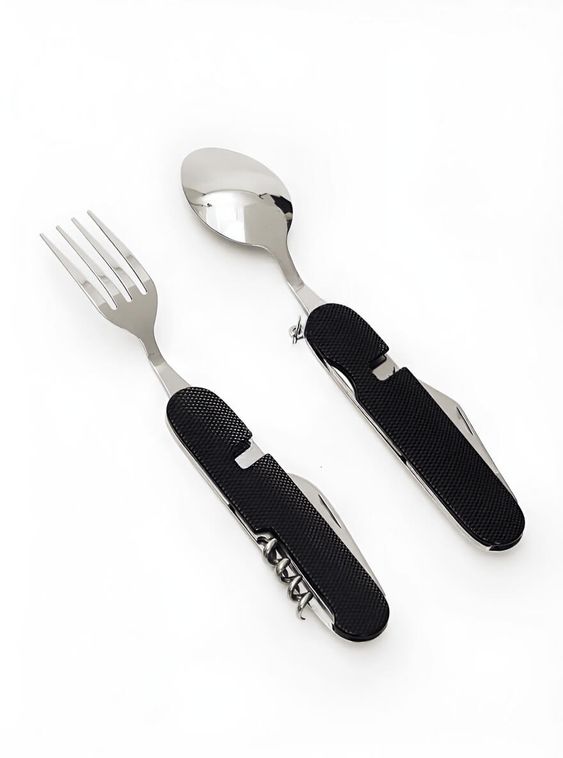 Мультитул 6в1 походный приборы: нож, вилка, ложка, открывашка Черный