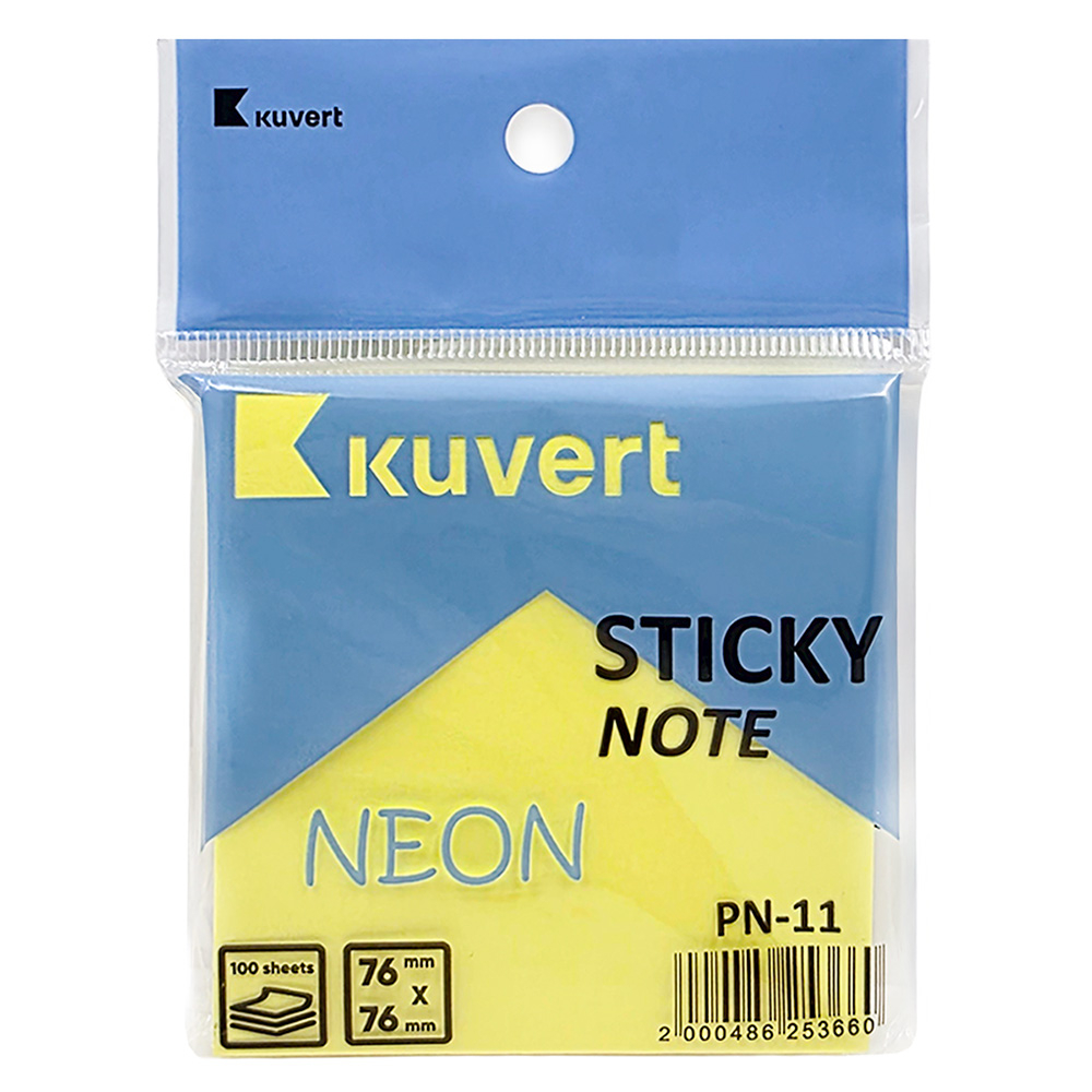 Клейкие листики KUVERT "Sticky" 76 х 76 мм, неон-желтый, 100 листов