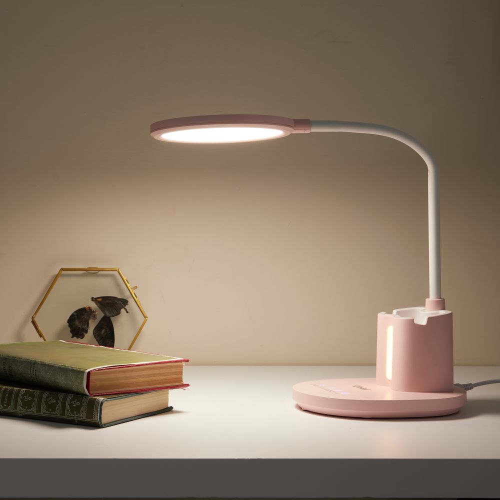 ULM-D150 15W-3000-6500K-DIM PINK Светильник настольный светодиодный с подставкой под телефон и канцелярские принадлежности. С ночной подсветкой. Сенсорный выключатель. Диммер. Розовый. TM Uniel