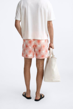 ZARA ПЛАВКИ КЛАССИЧЕСКОГО КРОЯ С ЦВЕТОЧНЫМ ПРИНТОМ, ОГНЕННО-КОРАЛЛОВЫЙ