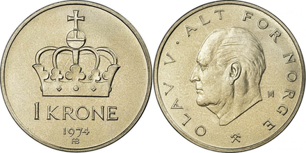 Норвегия 1 крона, 1974 - 1991 Король Улаф V XF
