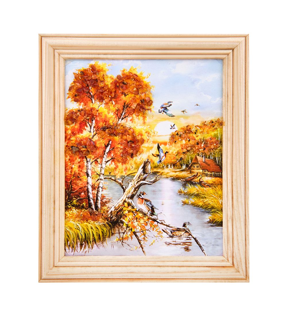 AMB-54/12 Картина «Утки на озере» (с янтарной крошкой) дер.рамка 12х15