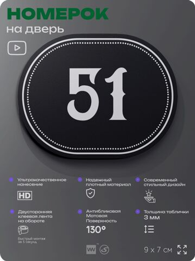 Номерок на дверь квартиры 51, для кабинета, офиса, шильдик 9 х 7 см, черный, Айдентика Технолоджи