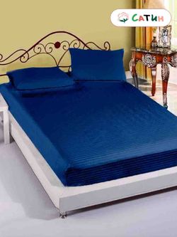 Постельное белье сатин-страйп Milky Garden "Dark blue" семейное Наволочка 50х70 см 2 шт Простынь 240x215 см Пододеяльник 145x215 см 2шт