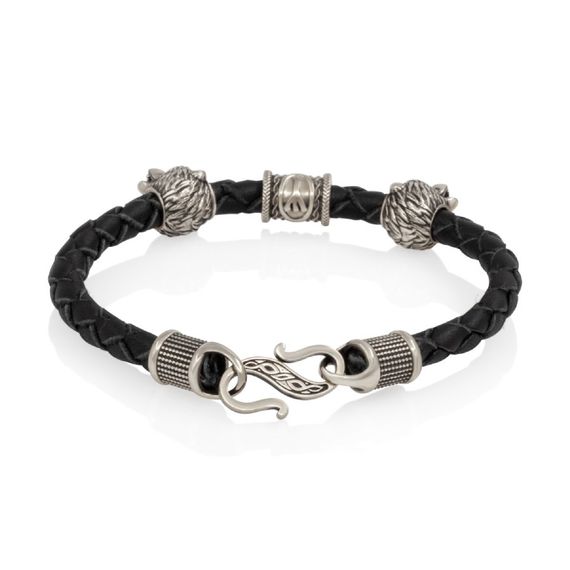 Браслет гайтан черный 5 мм с руной Альгиз и двумя шармами Медведь Мельхиор, фото 2