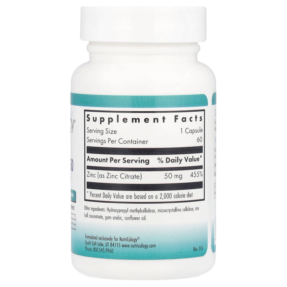 Nutricology, Цитрат цинка 50, 60 вегетарианских капсул