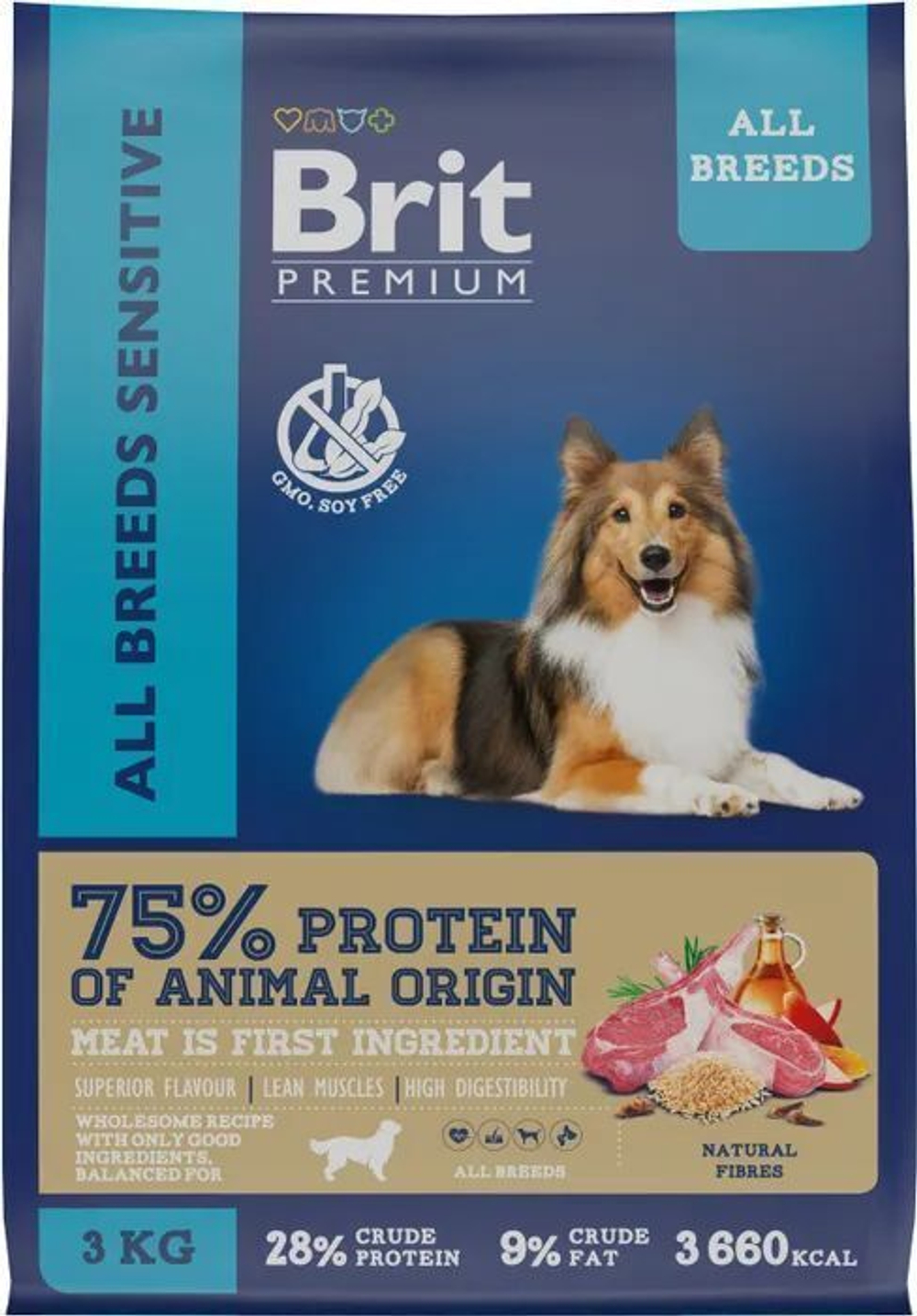 Корм для собак сухой BRIT PREMIUM с ягнёнком и индейкой для собак всех пород "Dog Sensitive", 3кг