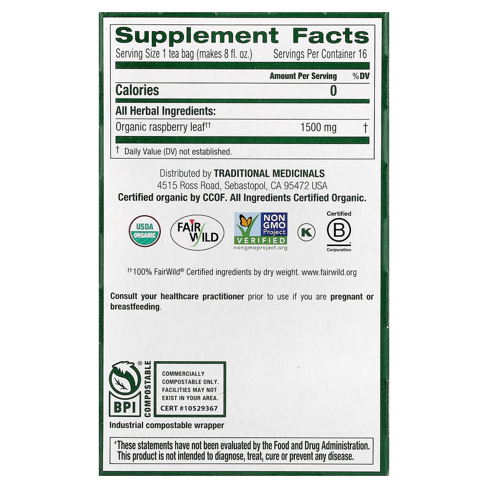 Traditional Medicinals, листья органической малины, без кофеина, 16 чайных пакетиков, 24 г (0,85 унции)
