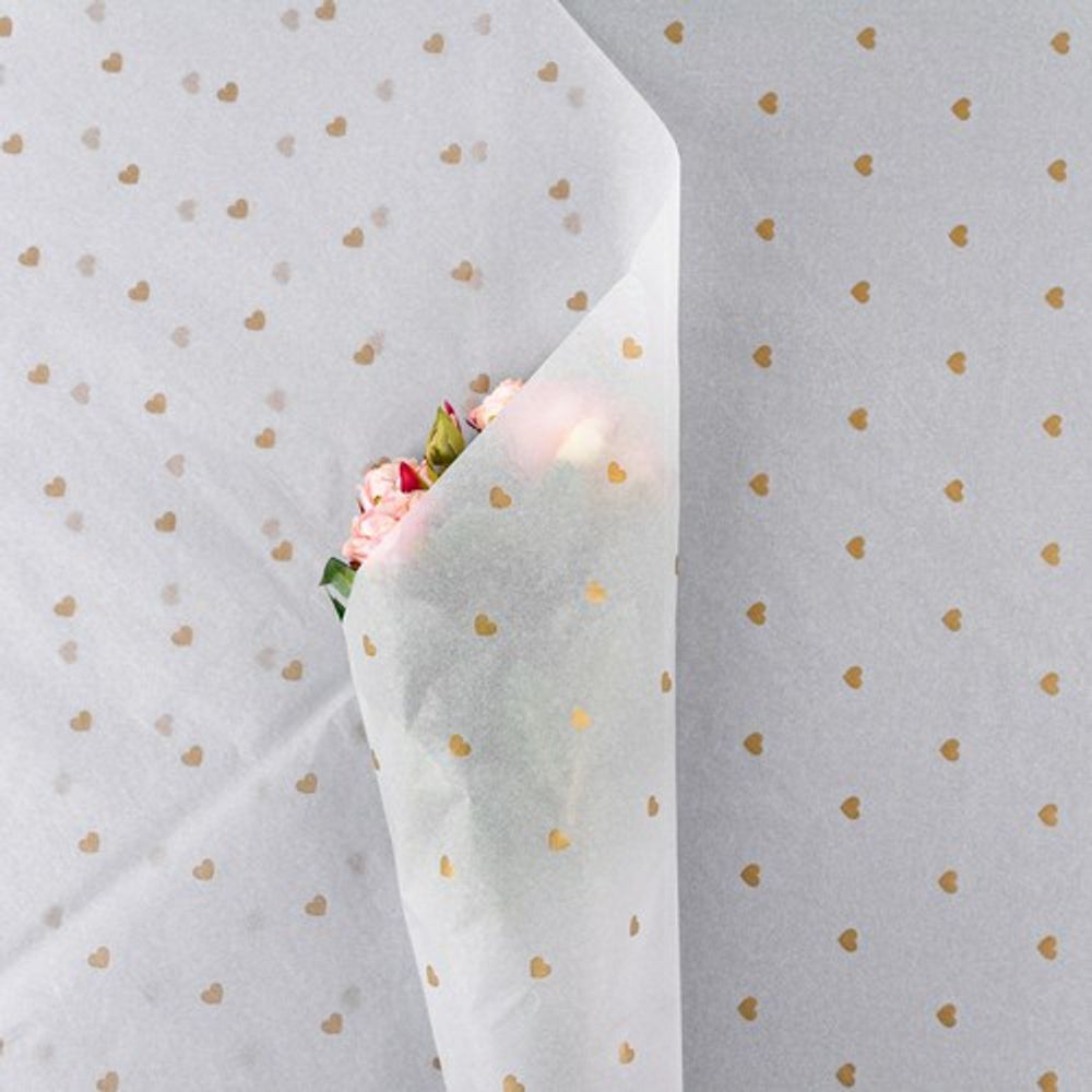 Бумага тишью "Сердечки" 50*70см Белый с золотыми серцами (20л)