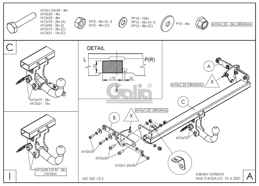 Фаркоп оцинкованный Galia S141C для Subaru Outback 2021-(паспорт и сертификат в комплекте)(без электрики)