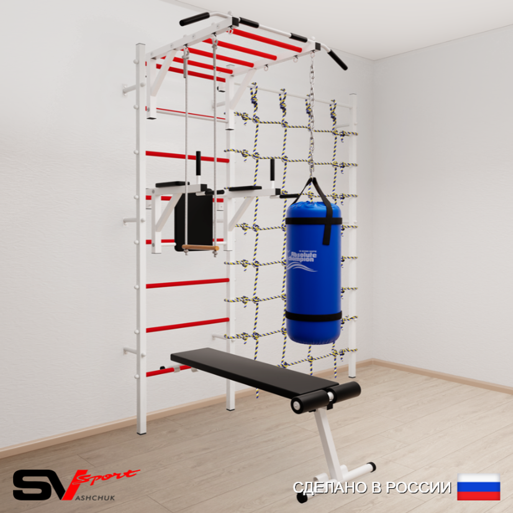 Шведская стенка Sv Sport усиленная 65330 (Турник рукоход/Брусья/Скамья/Трапеция/Цепь/Мешок 30кг/Канатный лаз)