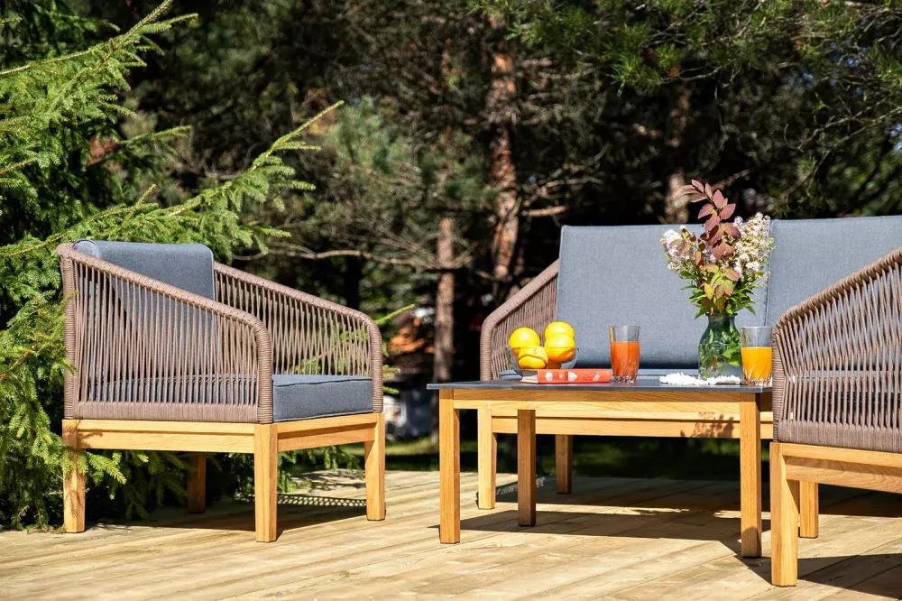 "Канны" лаунж-зона 4-местная из роупа со столиком "Канны" (серый гранит), основание дуб, роуп коричневый