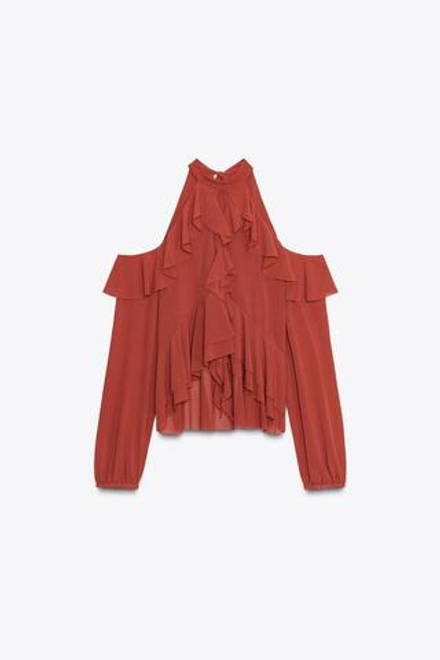ZARA ТОП ХАЛТЕР С ВОЛАНАМИ, ТЕРРАКОТОВЫЙ