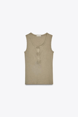 ZARA ТОП В РУБЧИК ИЗ ТКАНИ С ЭФФЕКТОМ ПОТЕРТОСТИ, ХАКИ