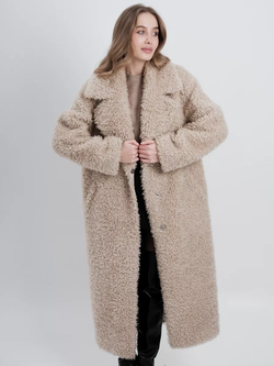 Шуба чебурашка длинная из овечьей шерсти, светло-бежевая, SilverFox