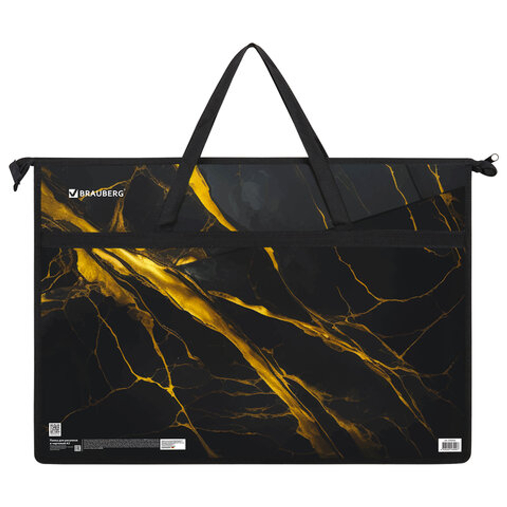 Папка для рисунков и чертежей с ручками BRAUBERG А3,пластик,молния сверху, Black&gold marble, 272232