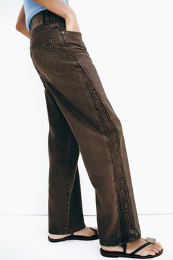 ZARA ДЖИНСЫ Z1975 LOOSE СО СРЕДНЕЙ ПОСАДКОЙ И ВСТАВКАМИ КРЮЧКОМ, КОРИЧНЕВЫЙ