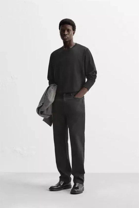 ZARA ФУТБОЛКА ИЗ ПЛОТНОГО ХЛОПКА С ДЛИННЫМИ РУКАВАМИ, ЧЕРНЫЙ