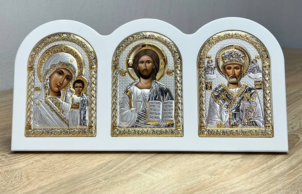 Триптих, Спаситель, Казанская БМ, Николай Чудотворец, икона, белое дерево 320х160