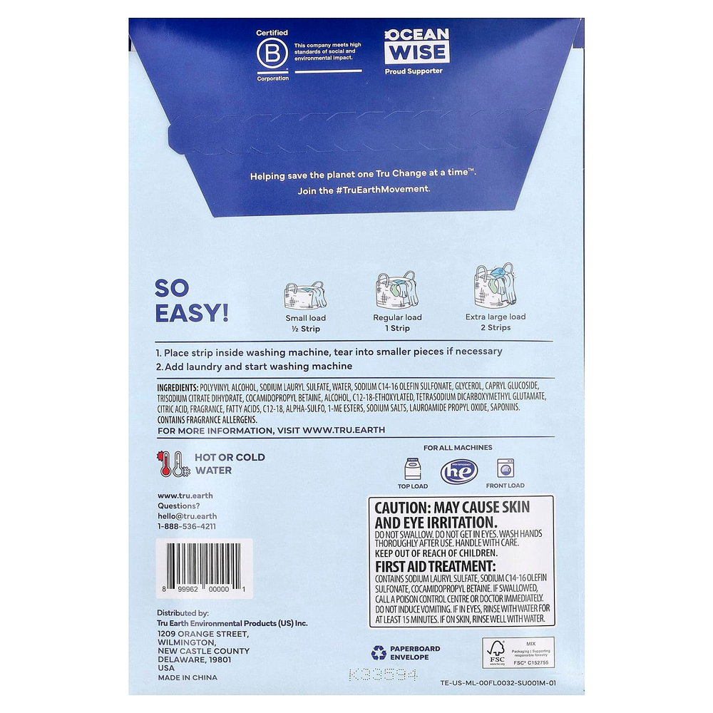 Tru Earth, салфетки для стирки, свежесть льна, 32 шт. Eco-Strips®