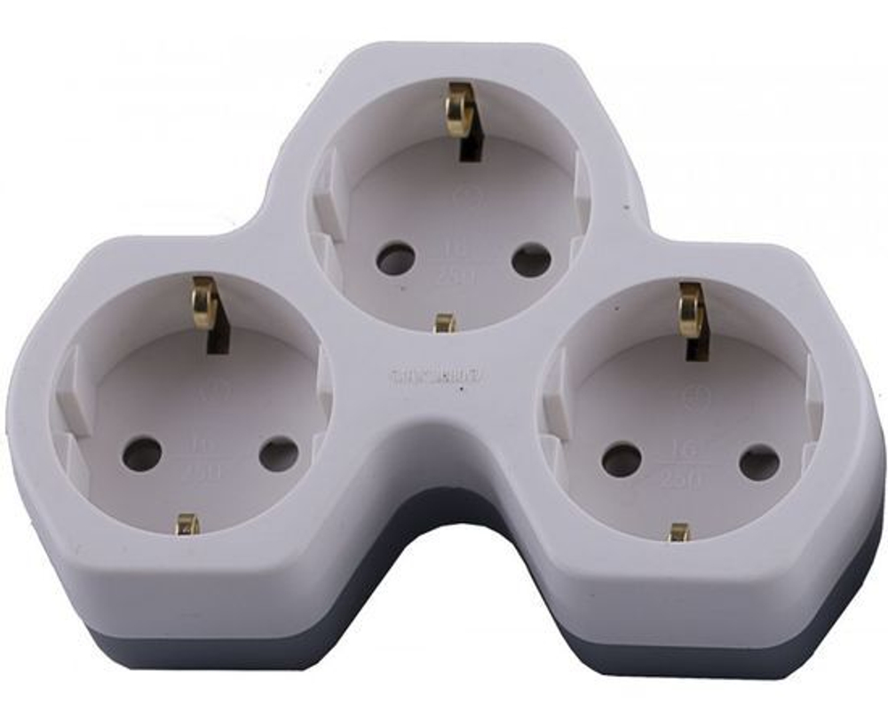 Тройник разветвитель для розетки сетевой с заземлением плоский белый/серый, 250В, 16A, Stekker ADP16-13-20 32871