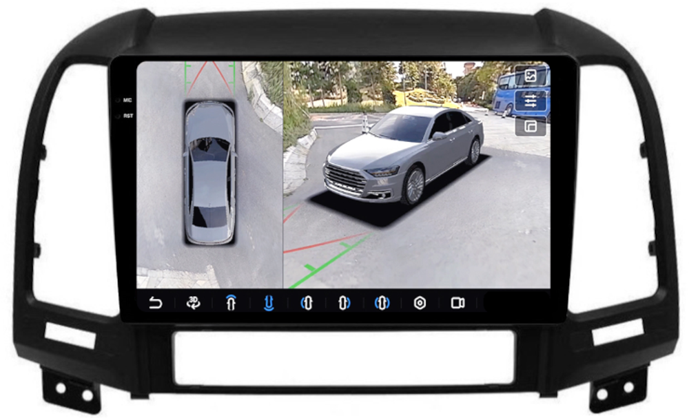 Магнитола для Hyundai Santa Fe 2 CM 2006-2012 (рамка черная) - FarCar BX008M-360 монитор 9.5" 2K QLED на Android 13, 6Гб+128Гб, CarPlay, 4G SIM-слот, 4 камеры в комплекте