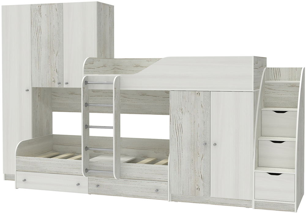 Двухъярусная кровать КарИВи Лео с лестницей Комод КарИВиом Винтерберг Белое Дерево