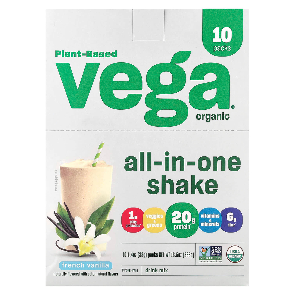 Vega, Растительный, органический универсальный коктейль, французская ваниль, 10 пакетиков по 38 г (1,4 унции)