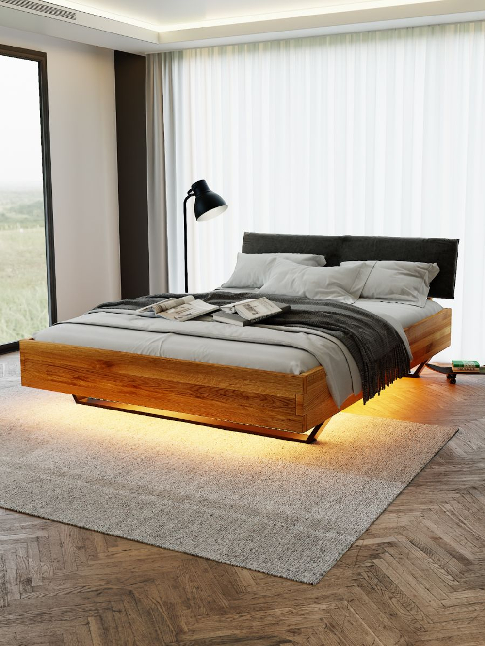 Кровать 160х200, Беллиссима, двуспальная, с мягким изголовьем, из натурального дуба, Dipriz