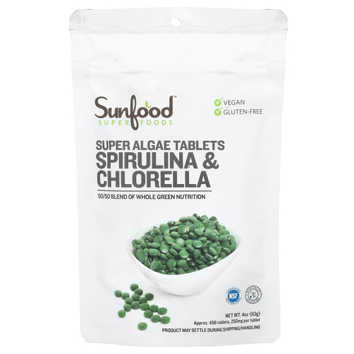Sunfood, Таблетки из суперводорослей, спирулина и хлорелла, 250 мг, прибл. 456 таблеток