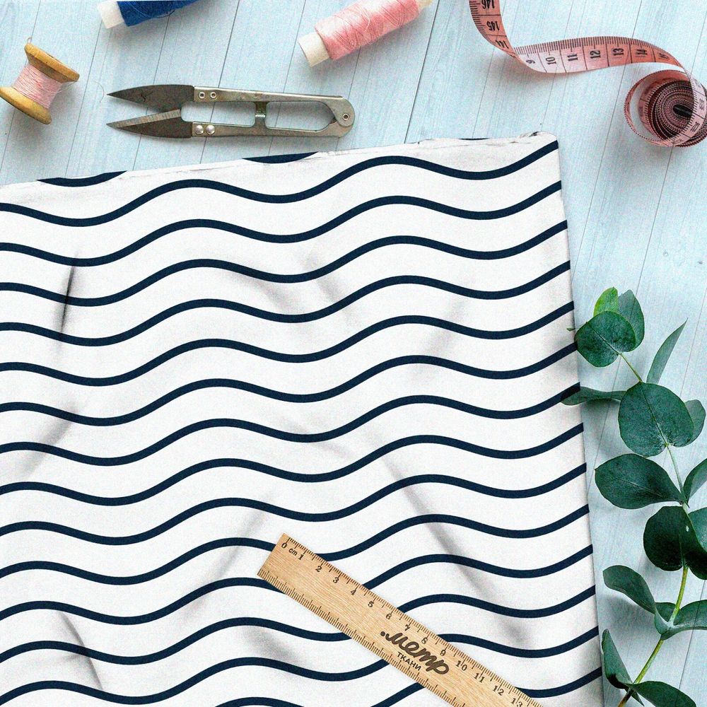 Ткань лён чёрные волны на белом фоне