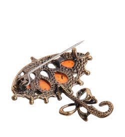 AM-2090 Брошь «Зонт ажурный» (латунь, янтарь)