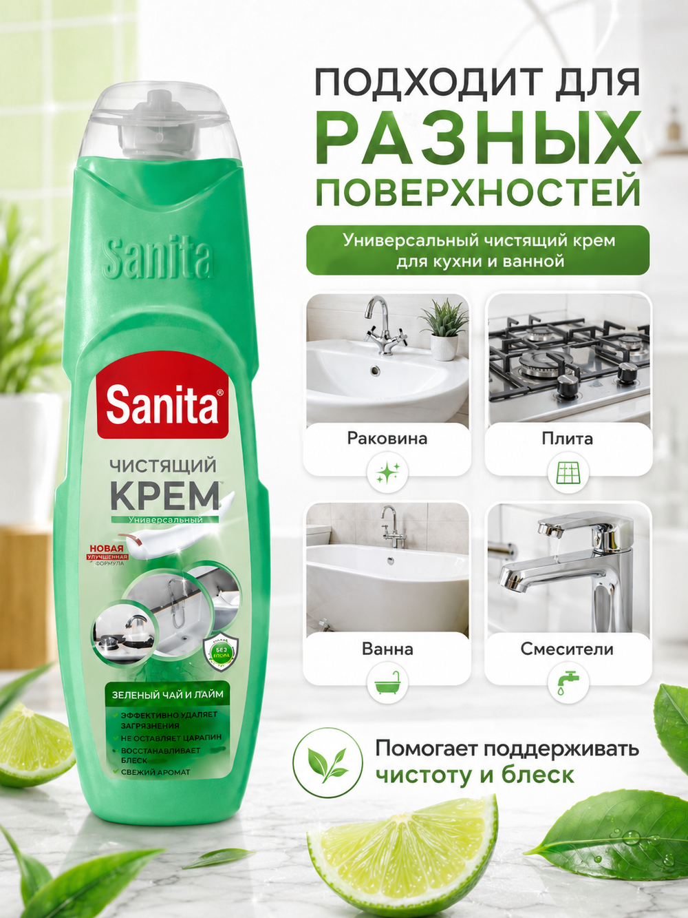 Чистящее средство универс.крем Sanita Зеленый чай и лайм 600мл
