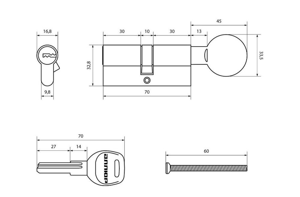 Механизм цилиндровый АЛЛЮР HD F.G 70-5K СР хром/перф.кл/верт (35*35G)(30*10*30) /16264