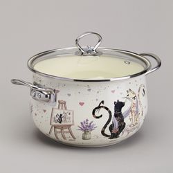 КАСТРЮЛЯ AGNESS ЭМАЛИРОВАННАЯ СО СТЕКЛЯННОЙ КРЫШКОЙ СЕРИЯ "LAVENDER CATS", 3,8 Л ДИА. 22СМ