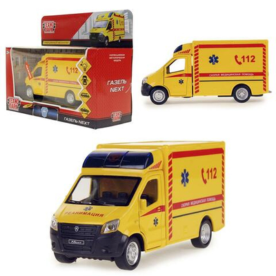 Модель ин. мет. "ГАЗель Next. Реанимация" 15см. свет-звук, дв, в коробка NEXTREAN-15SL-YE (Технопарк)