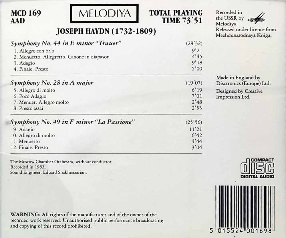 The Moscow Chamber Orchestra / Joseph Haydn: Symphonies No. 44 In E Minor (Trauer), No 28 In A Major, No. 49 In F Minor (La Passione)(CD)