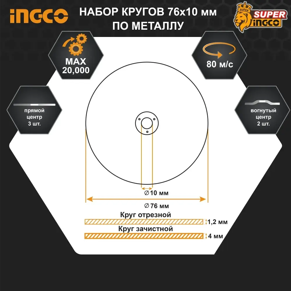 Диски 76х10 мм. по металлу абразивные 5 штук INGCO MCD303768 (С НДС)