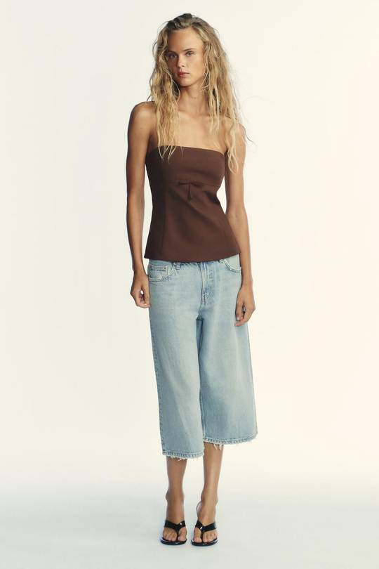 ZARA ТОП БЕЗ БРЕТЕЛЕЙ С БАНТОМ, ТЕМНО-КОРИЧНЕВЫЙ