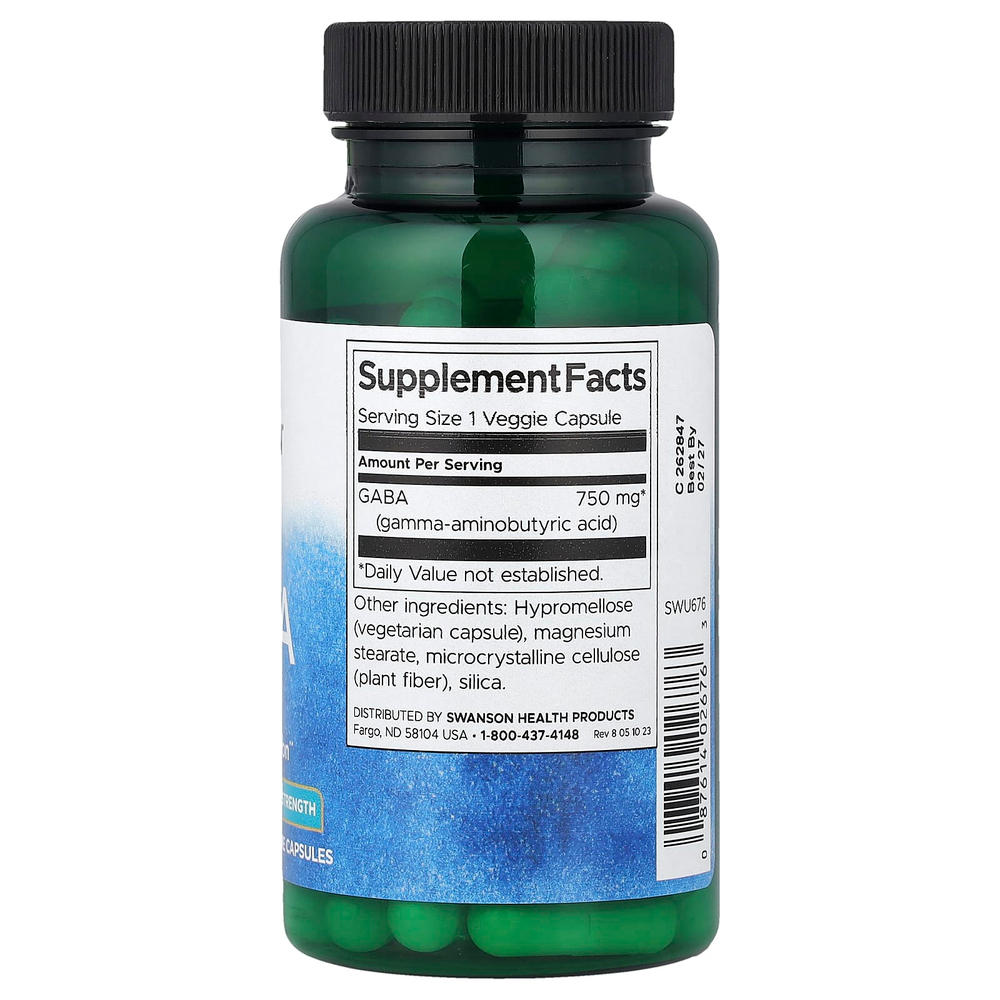 Swanson, ГАМК, максимальная эффективность, 750 мг, 60 растительных капсул