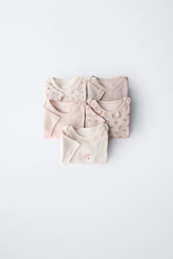 ZARA НАБОР ИЗ ПЯТИ БОДИ С ЦВЕТОЧНЫМ ПРИНТОМ, ПУДРОВО-РОЗОВЫЙ